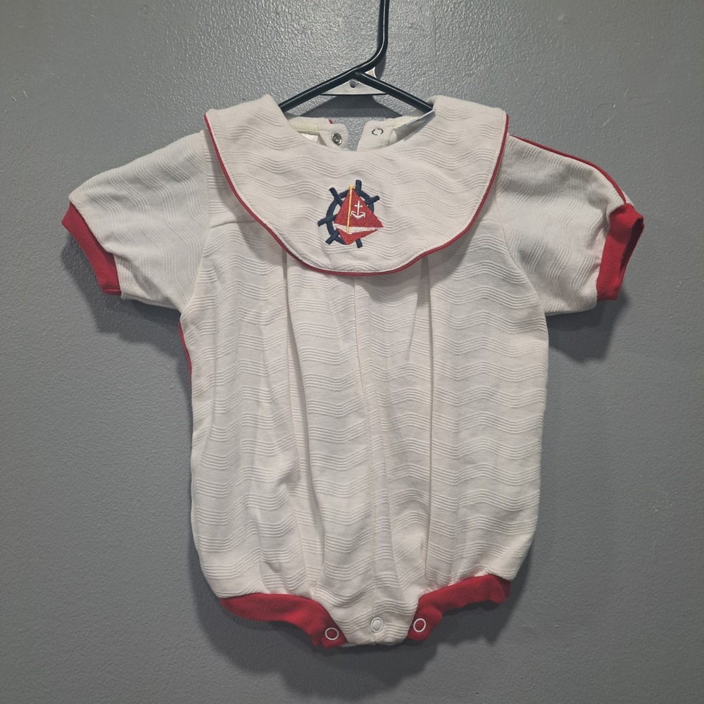 VTG Babycrest Nautical‎ Sailboat Bubble Romper White Red 6-9M WPL 11403